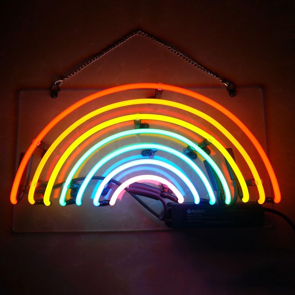 Mugua 'Rainbow ' Neon Signs Real Glass Handmade Shaped Night Light Wall Decor for Chistmas,Birthday Party,Kids Room, Living Room, Wedding Party Decor 13.5"x7.5"(Rainbow)