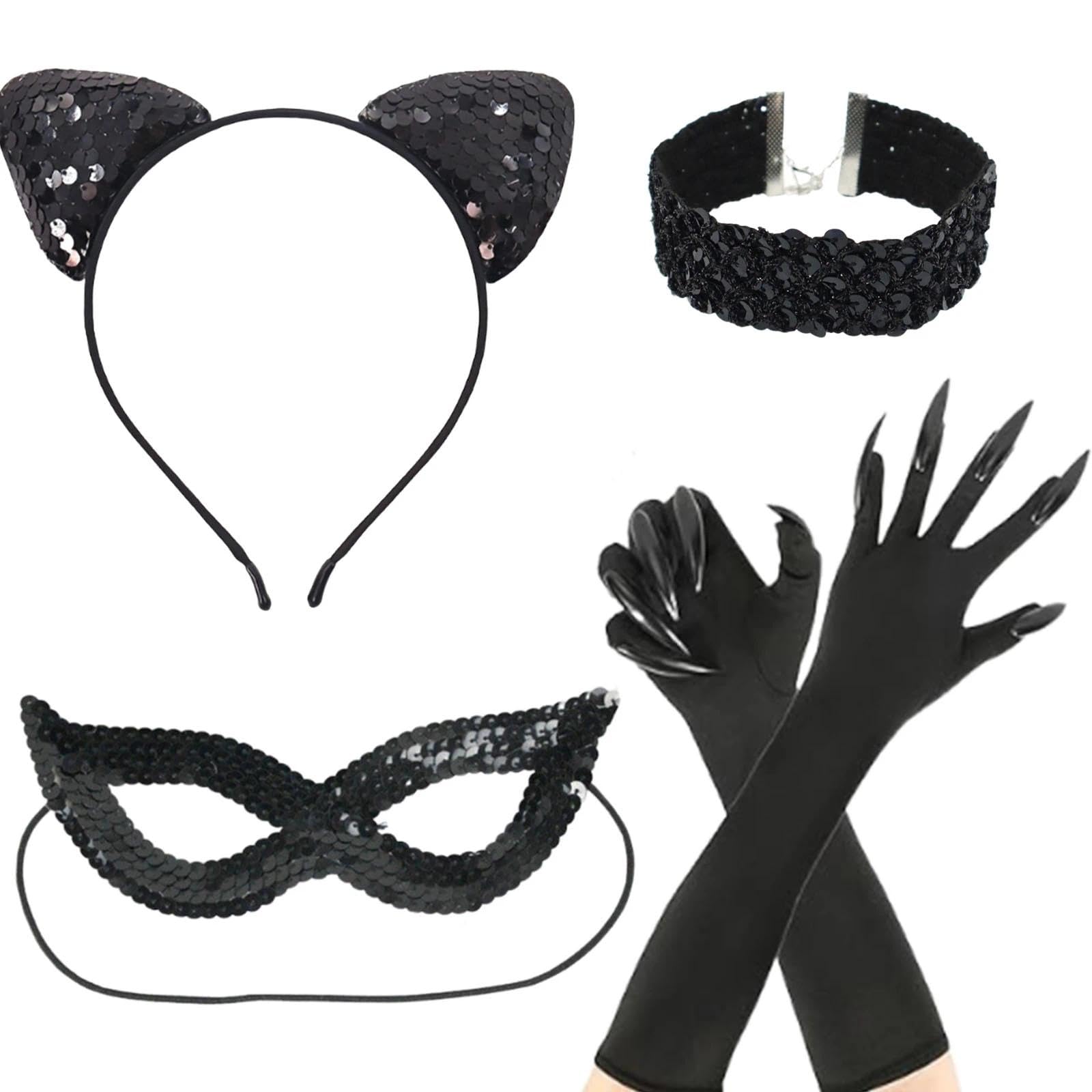 dinghaole 4Pcs Adult Catwoman Clothing Accessories Set - Shiny Cat Ear Headband, Mask, Collar Necklace, Cat Claw Gloves | Suitable For Halloween, Makeup Party COSPLAY、 Theme Party
