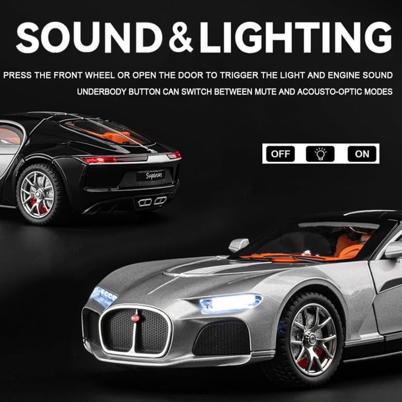 Image of Kids Model 1:24 Bugatti Atlantic Die Cast Metal Car Pull Back Action Opening Doors with Realistic Engine Sound Lights Toy Car Gift for Boys - Silver Black