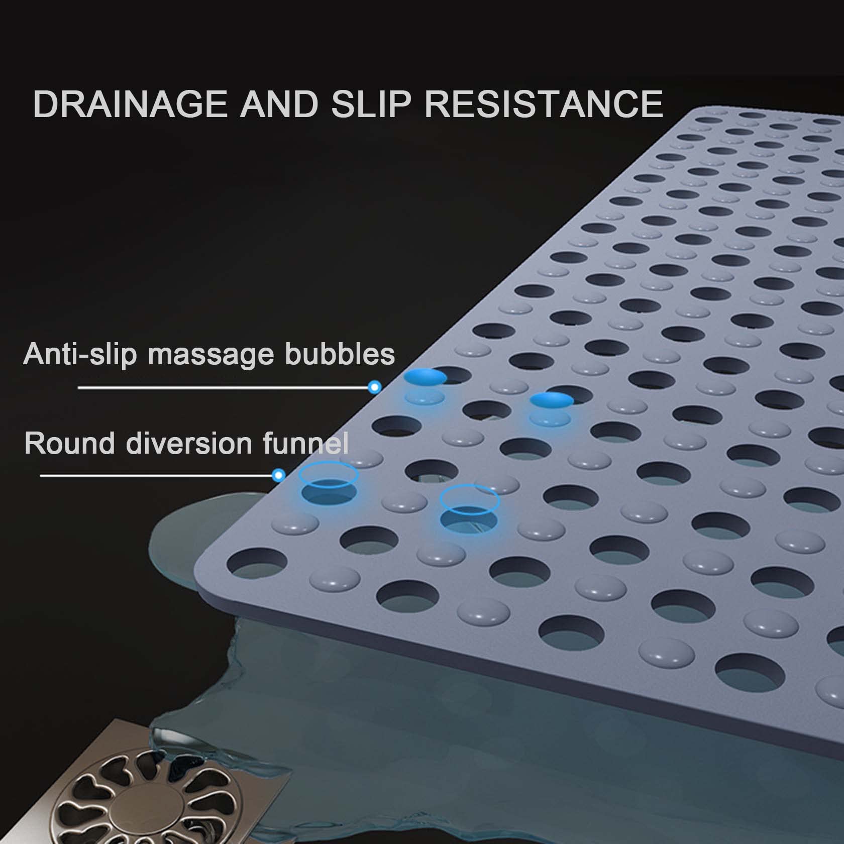 Alfombrilla para bañera y Ducha para baño Orificios de Drenaje Secado rápido con ventosas Alfombrillas Antideslizantes Almohadilla para pies Lavable Cojín para Masaje Azul 45 cm / 17,7 pulga