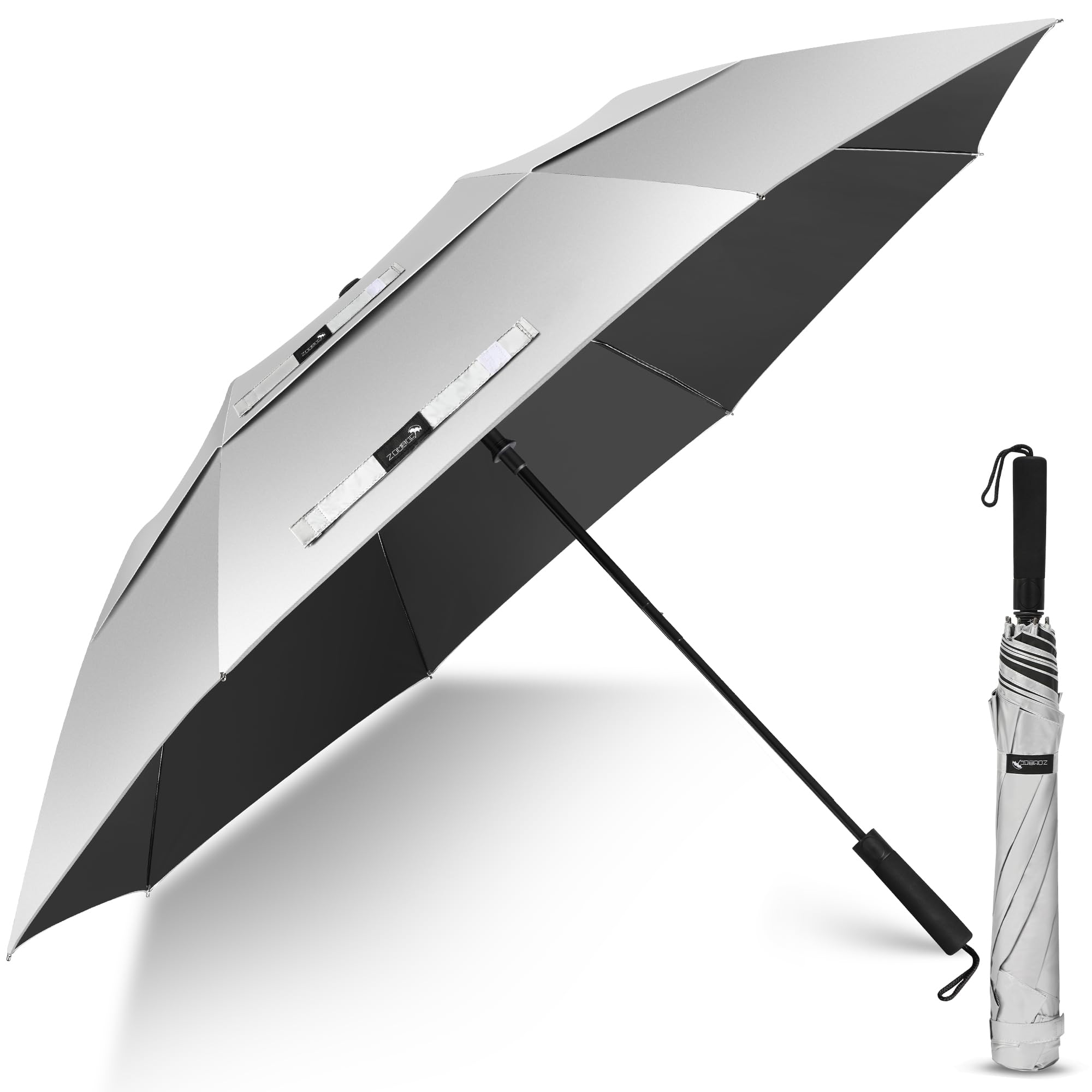 ZOMAKE Großer Sturmfester Faltbarer Regenschirm XL Golfschirm mit UV Schutz UPF 50+ für 2 Personen Silber/Weiß