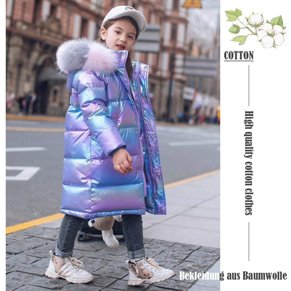 linboo Fille Manteau Longue Doudoune Chaud Veste Enfant Hiver Epais Blouson à Capuche Fourrure Matelassé Parka Lumineux