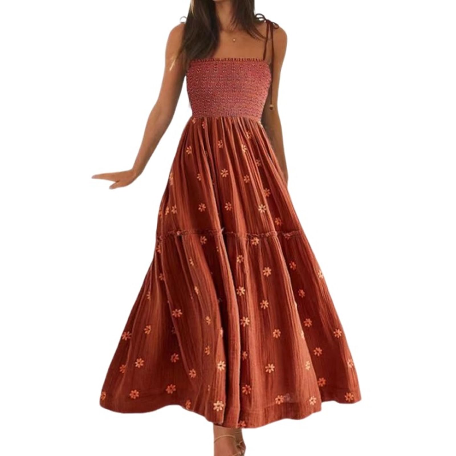 RZDYSQ Women Floral Embroidered Maxi Dress Sleeveless Tie Shoulder Smocked Flowy Dress Beach Long Sun Dress Brown, Small at Amazon Women's Clothing store RZDYSQ Women Floral Embroidered Maxi Dress Sleeveless Tie Shoulder Smocked Flowy Dress Beach Long Sun Dress Brown, Small at Amazon Women's Clothing store