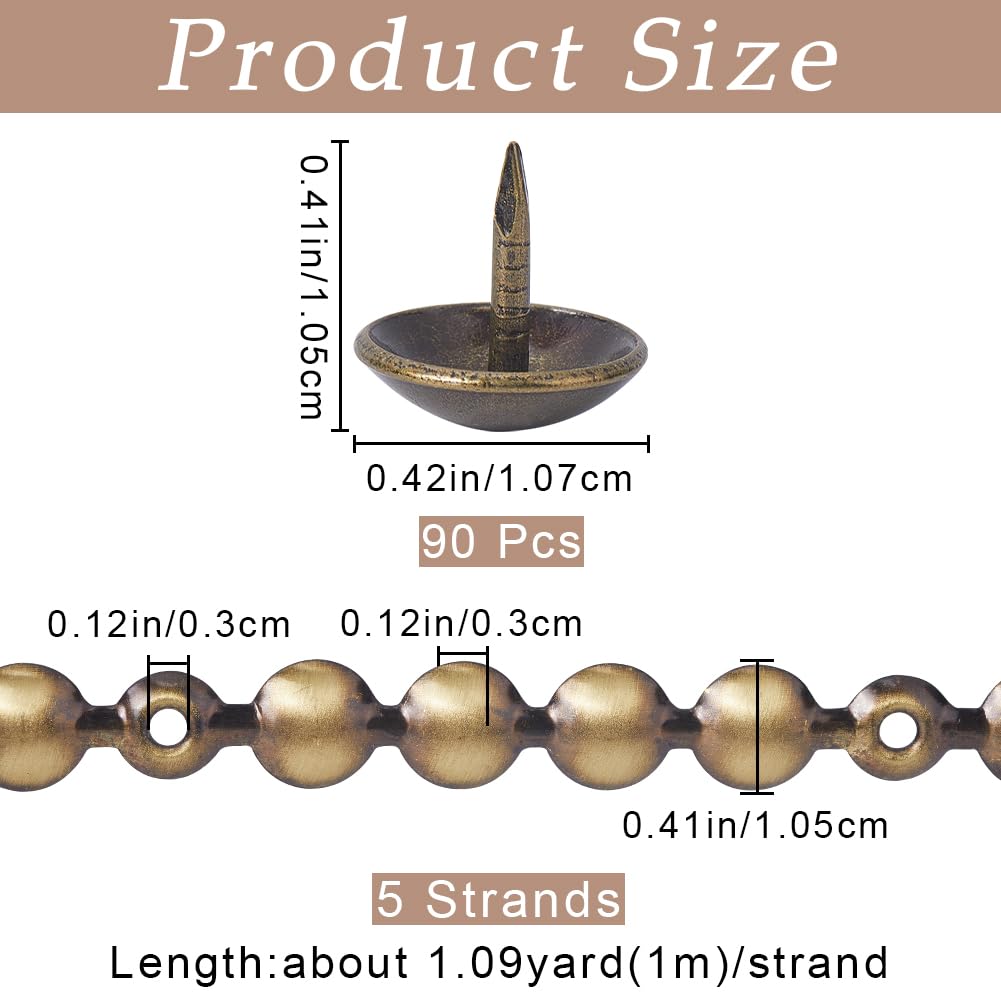 GORGECRAFT 5 pièces*1M Bandes de Punaises de Rembourrage 10.5mm Tête Ronde en Fer Métallique Garnitures de Tête de Clou Décoratives Brillantes avec 90 Clous de Tapisserie Assortis Bronze Antique