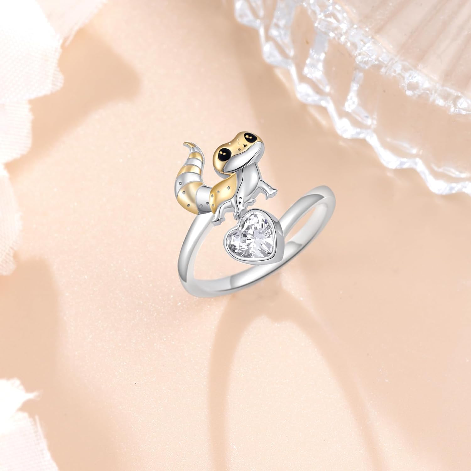 Leopard Gecko Open Ring 925 Sterling Silver Adjustable Rings with Loving Heart Leopard Gecko Jewelry Gifts for Women
