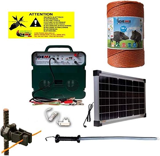 Electric Fence Kit with 1 Electrifier with Solar Panel + 2 Wires 1000 MT 6 Mm² + 400 Pieces Isolators for Iron Stakes + 6 Gate Kits + 5 Fence Signs for Wild Boar Animals
