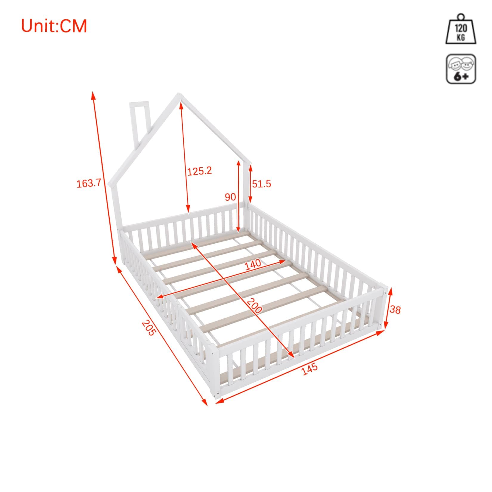 Lit Au Sol Enfant,Lit Cabane Enfant 140x200 avec Sommier à Lattes Solide,Porte,Barrière de lit,pour Enfants,Pin (Blanc, 140x200)
