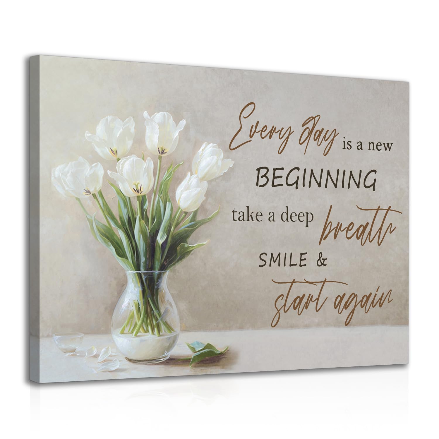 NymphFable Framed Motivational Botanical Wall Art Decor, Flower in Vase with Everyday Is A New Beginning Quote