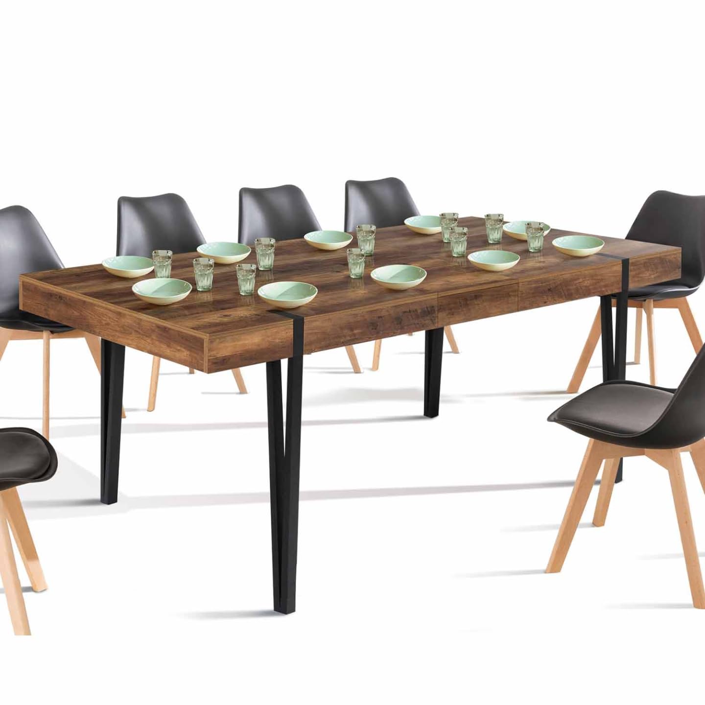 IDMarket - Table à Manger Extensible Rectangle Austria 6-​10 Personnes Bois foncé Pied épingle Noir 160-​200 cm