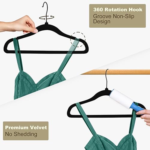 Miniatura 3 de UniqNest Paquete de 60 perchas de terciopelo negro, perchas de fieltro negro de 16.5 pulgadas antideslizantes que ahorran espacio, perchas para