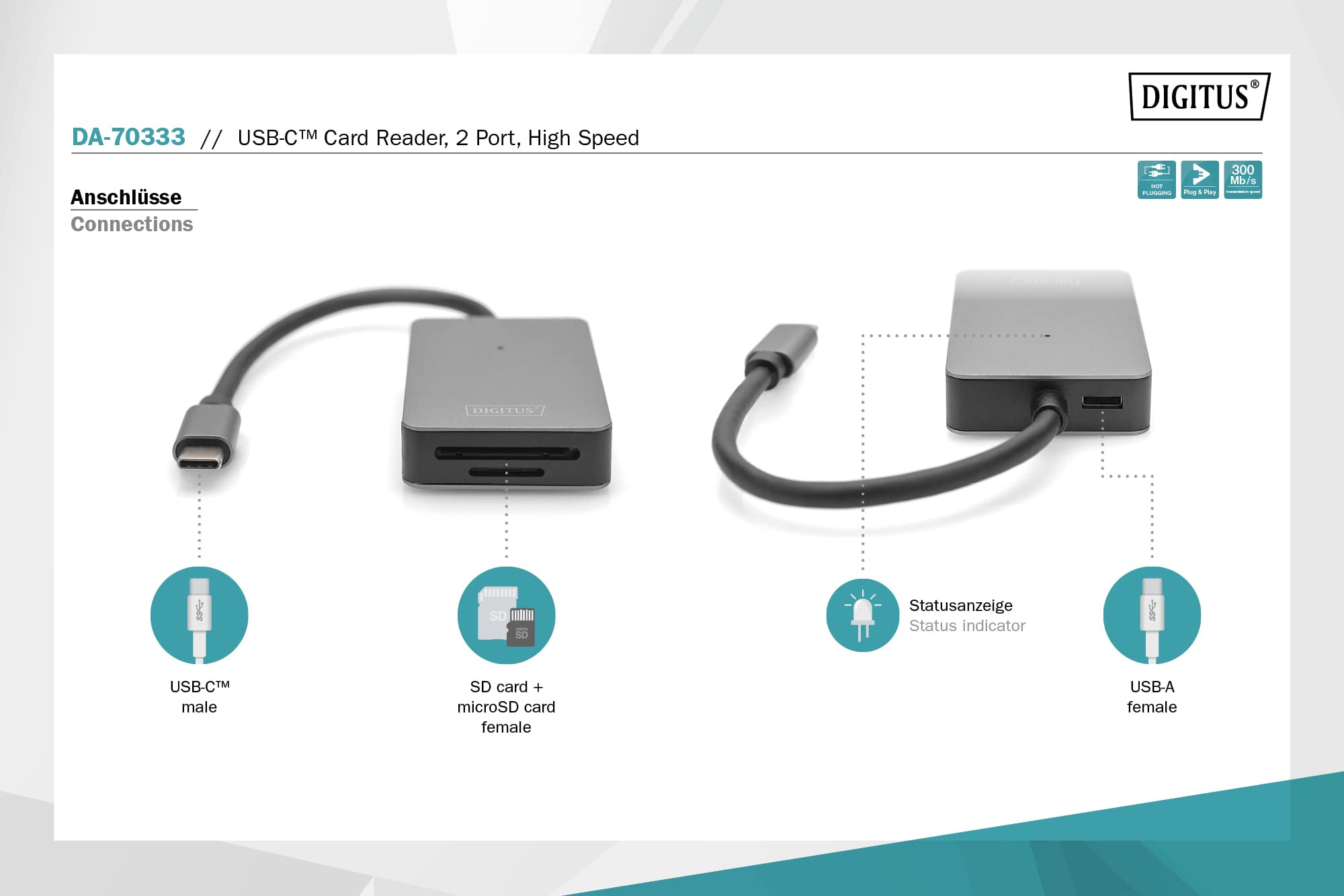 DIGITUS Czytnik kart USB-C - 2 porty - UHS-II SD4/TF4.0 - 300 Mbps - Plug & Play - SDXC, SDHC, SD, Micro SDXC, Micro SD, Micro SDHC - Space Grey
