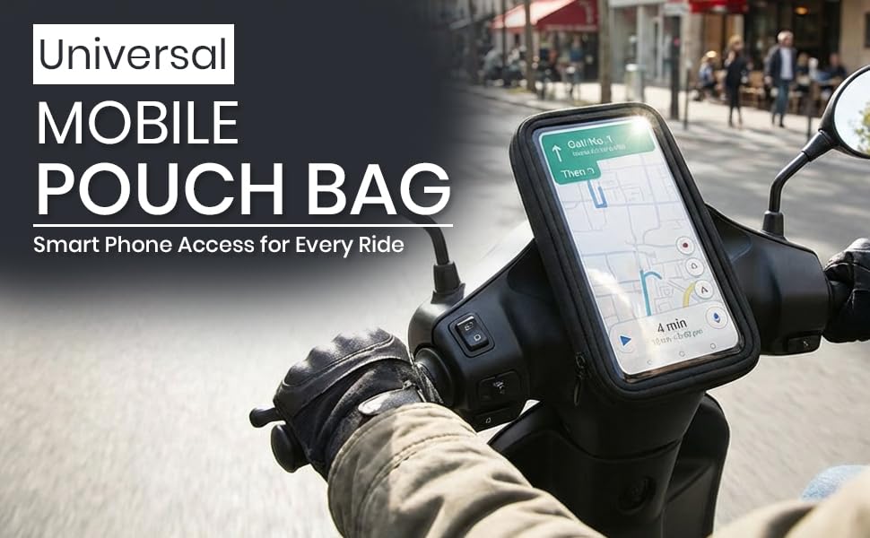 Image of Polyester Handlebar Universal Mobile Holder Mount Pouch Bag Waterproof for Activa Jupiter EV Ola-S1 Pleasure Ntroq All Scooter Scooty Bike Fit 7 Inches Phone (Black)