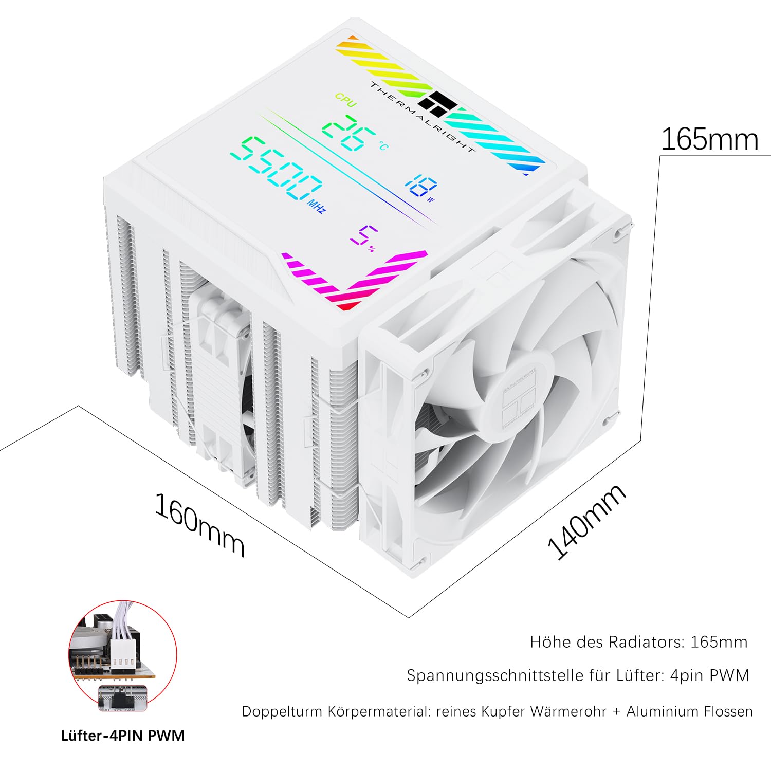 TR-Thermalright Peerless Assassin 140 Digital Blanco Ventilador para CPU, Doble Torre con 6 Heatpipes, Ventiladores Dual PWM de 1850 RPM, Cubierta Superior de Placa de Pantalla Digital Magnética,