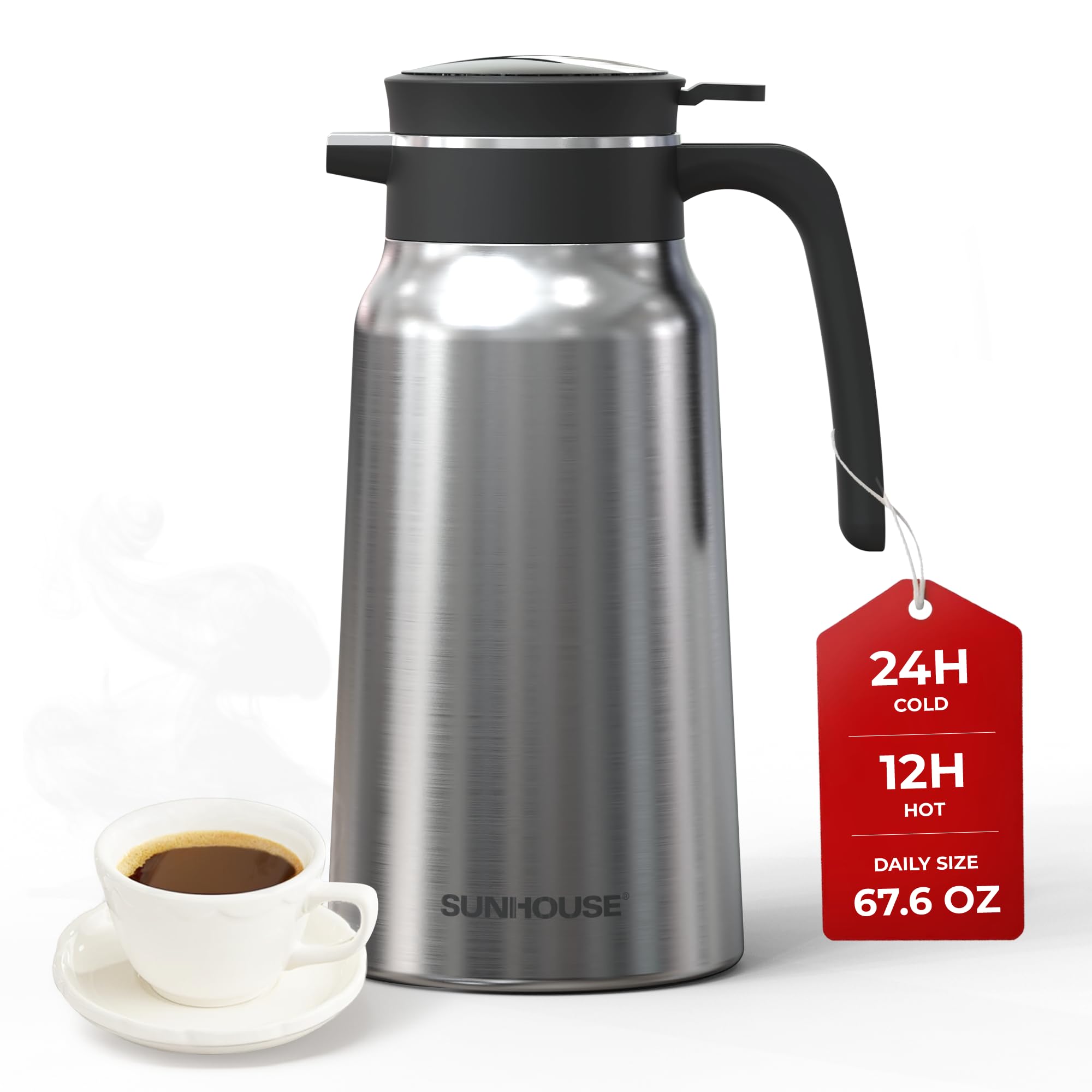 SUNHOUSE 68 Oz Thermal Coffee Carafe - Insulated Stainless Steel Thermos