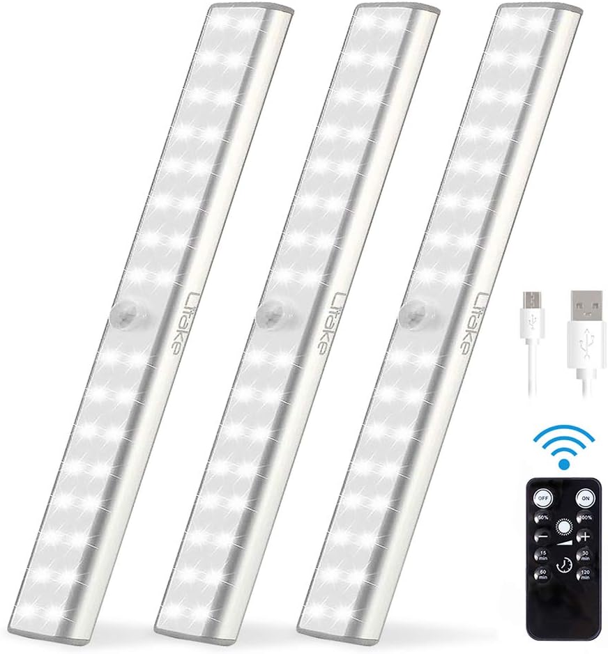 LitakeUnder Cabinet Lighting Rechargeable,32 LED Wireless Closet Lights with Remote,Dimmable LED Light Bar with Magnetic Strip for Kitchen Cabinets,3 Packs