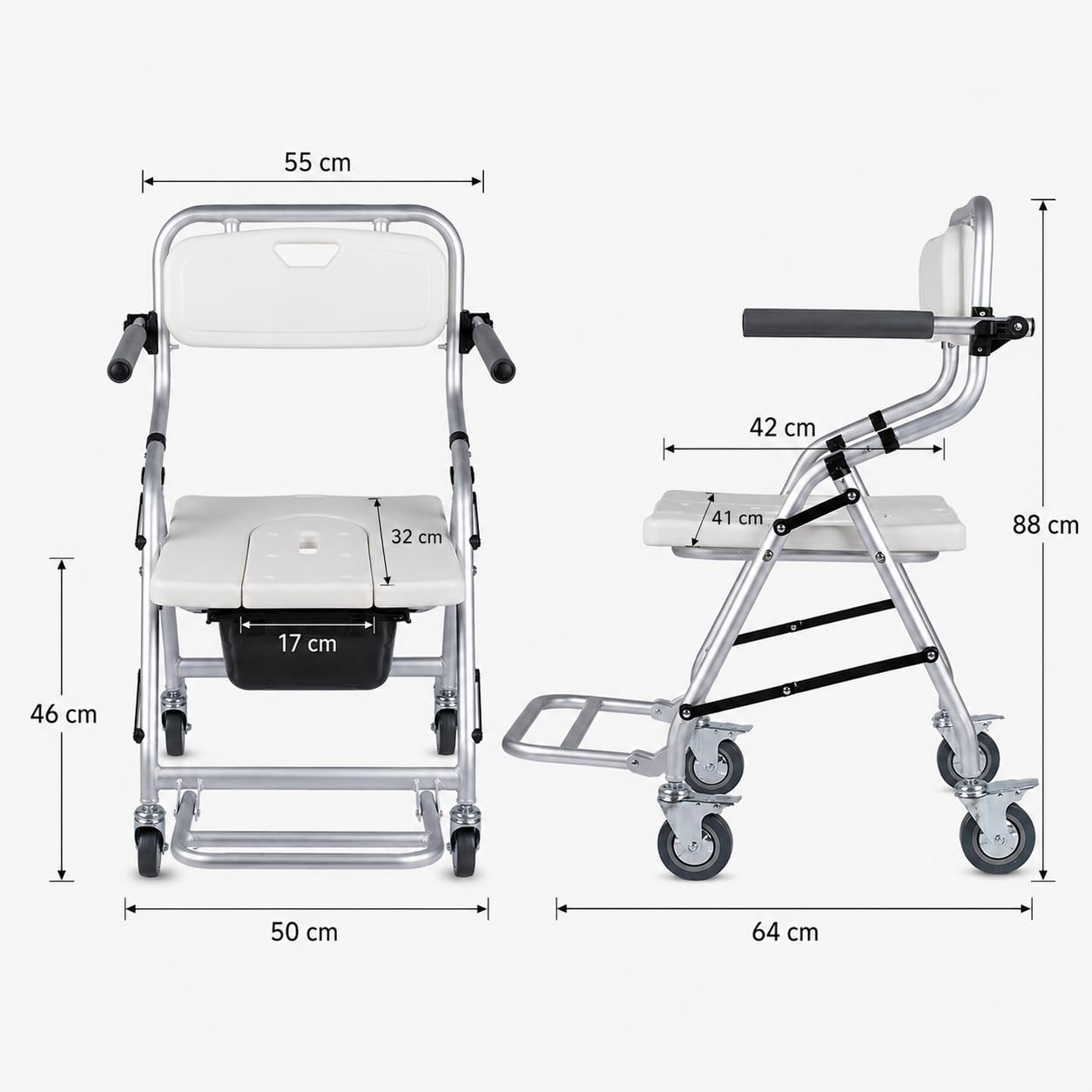 Silla de ducha plegable con ruedas, reposabrazos y reposapiés