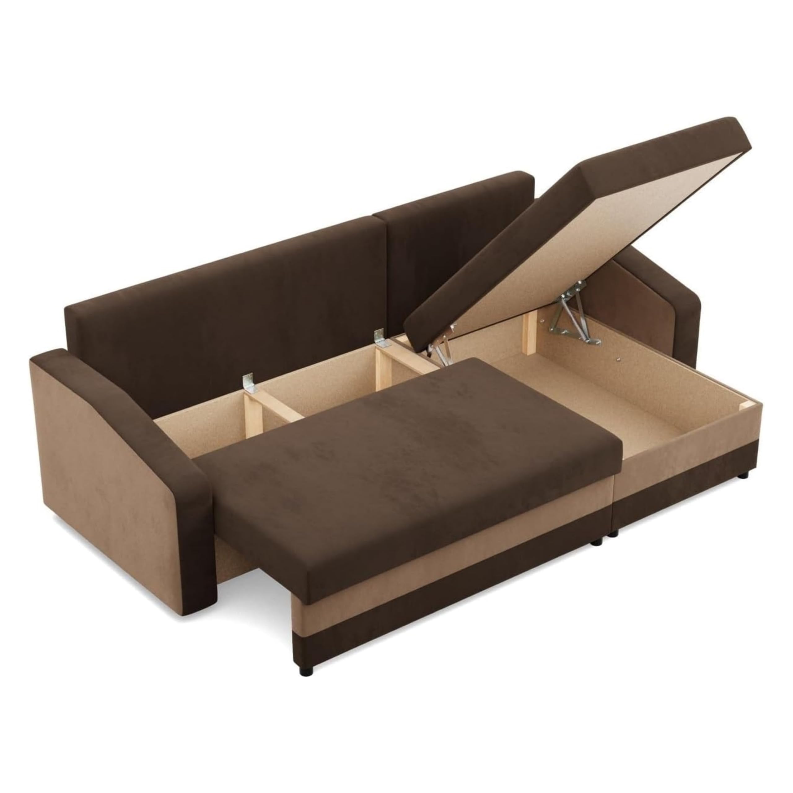 Mebligo - Ecksofa mit Schlaffunktion und Bettkasten Orion, Eckcouch Universelle Seite, Sofa L Form (BxTxH) 231 x 140 x 85 cm, Couch Wohnzimmer, Ecke Sofa, Dunkelbraun + Braun (Mikro 20 + Mikro 48)