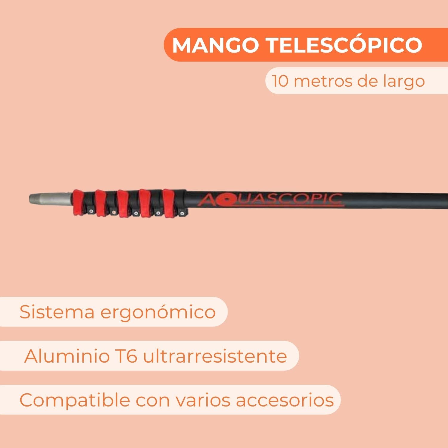 Aquascopic Pértiga Telescópica 10 m de Aluminio T6 - Limpieza de Cristales & Paneles Solares en Altura - Ultra Estable con Pinzas de Sujeción - Uso Profesional Intensivo