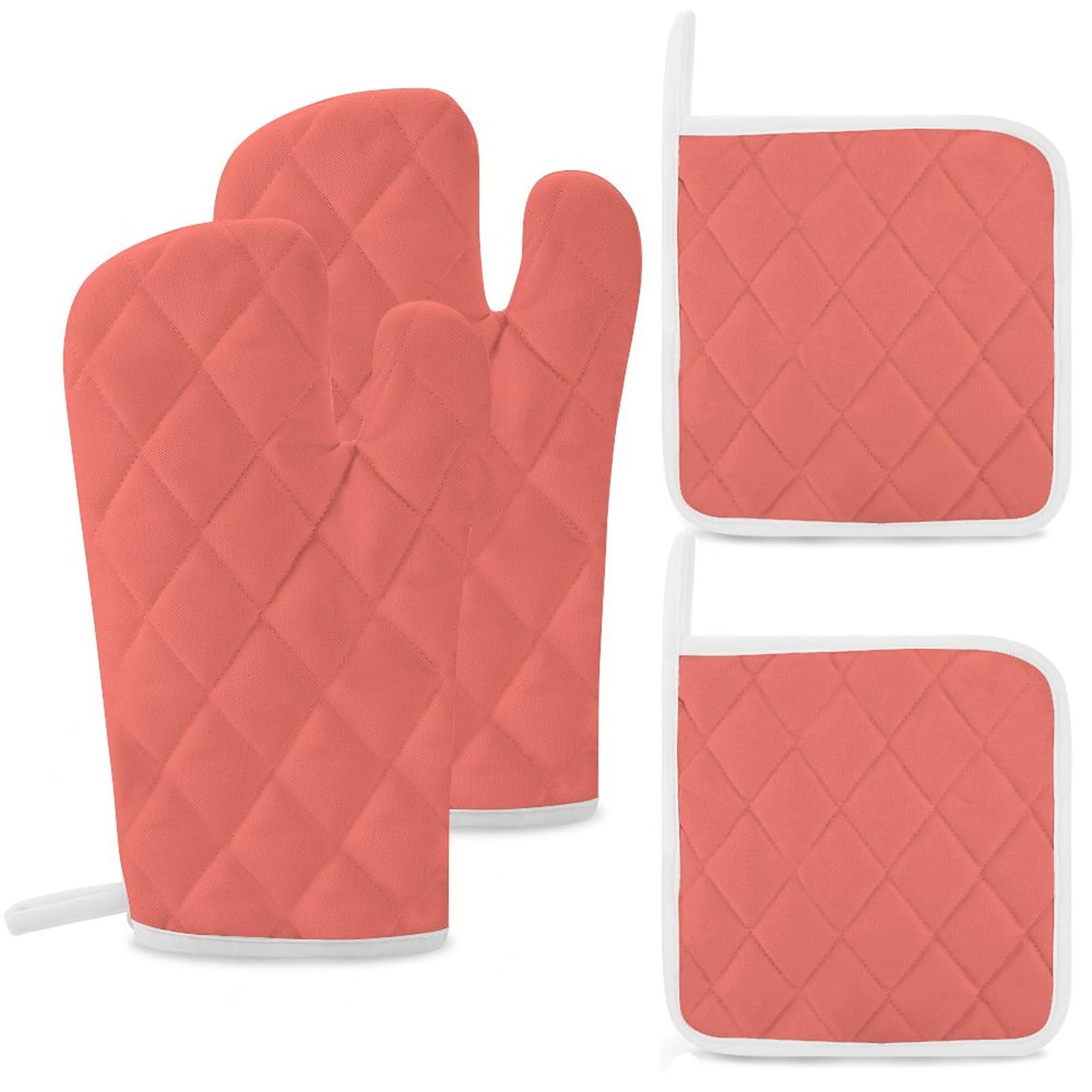 Modern Cute Coral Oven Mitts and Pot Holders, 4Pcs Heat Resistant Oven Mitts Gloves Set Kitchen Hot Pads for Cooking Grill