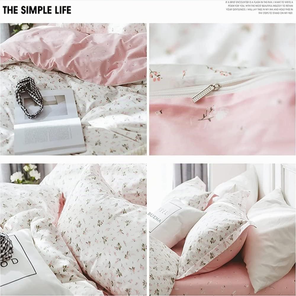 AMWAN Juego de Funda de edredón Floral Rosa tamaño matrimonial de algodón para niños y niñas, edredón Blanco estético botánico Vintage con Lazos de Cremallera, tamaño matrimonial (80 x 90 Pulgadas)