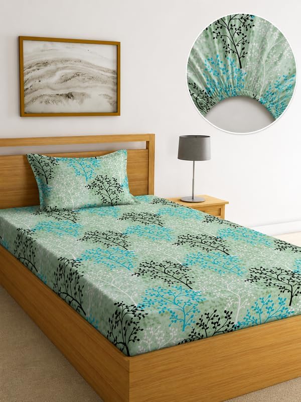 Image of la' amour 240 TC Cotton Fitted Single Bedsheet with 1 Pillow Cover | Elastic Bed Sheet | Soft Breathable Skin-Friendly Fabric | All Season Comfort | 36 x 72 + 6 Inches Mint Forest