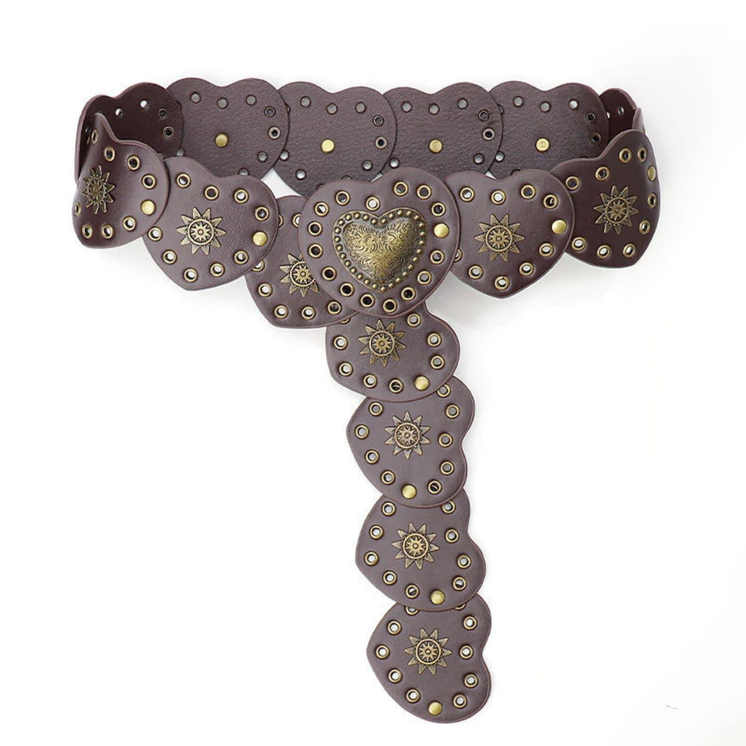 Vintage-Inspired Leather Belt with Hearts Gold-Tone Heart Chain Belt Decorative Statement for Women, Parties, Festivals, Coffee-image-37