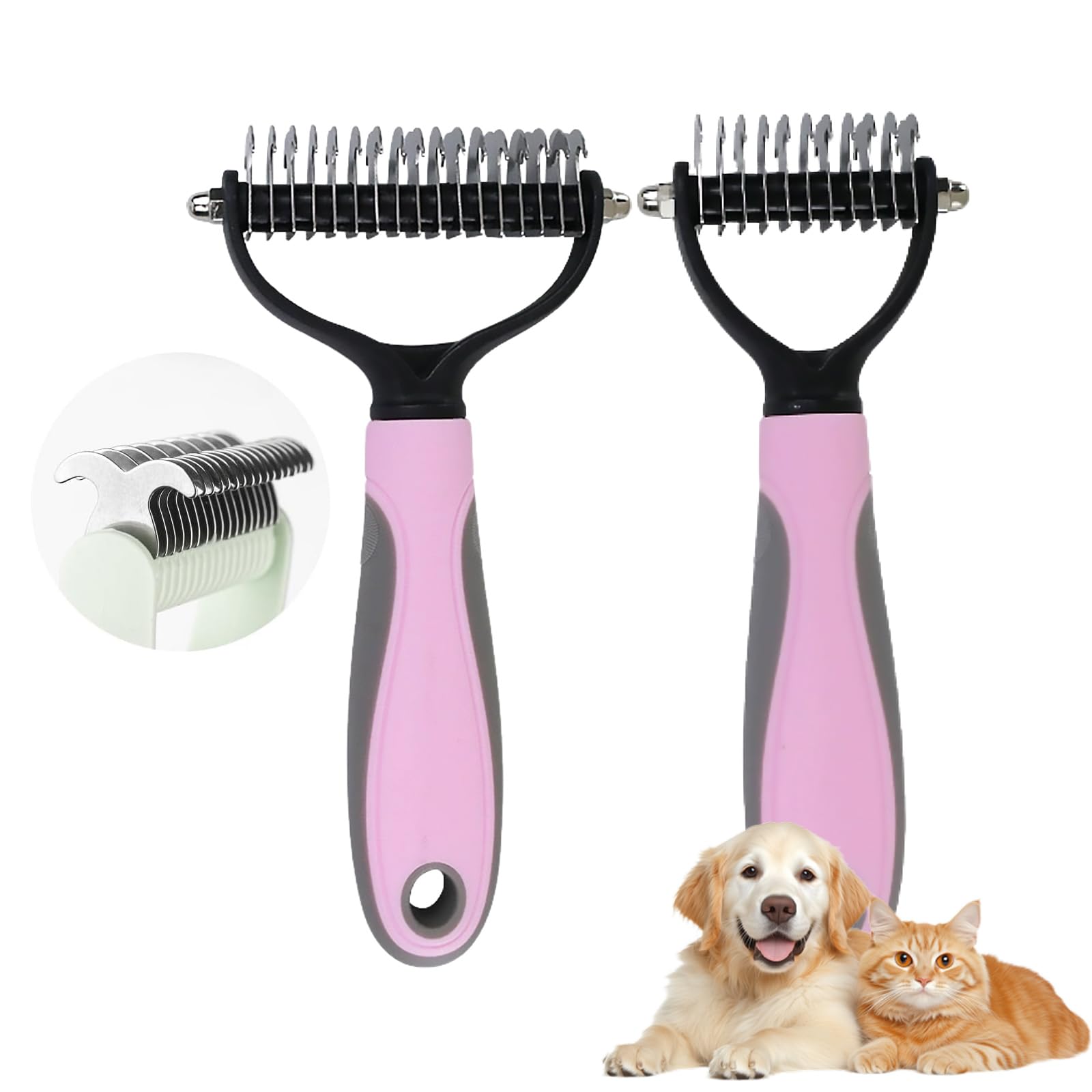 Pet Pro Grooming Tool, Double-Sided Deshedding Pet Grooming Brush, Professional Dematting Comb for Dog and Cat for Long Haired Cat Dogs Removing Loose Undercoat Tangles Mats (Pink,L+S)