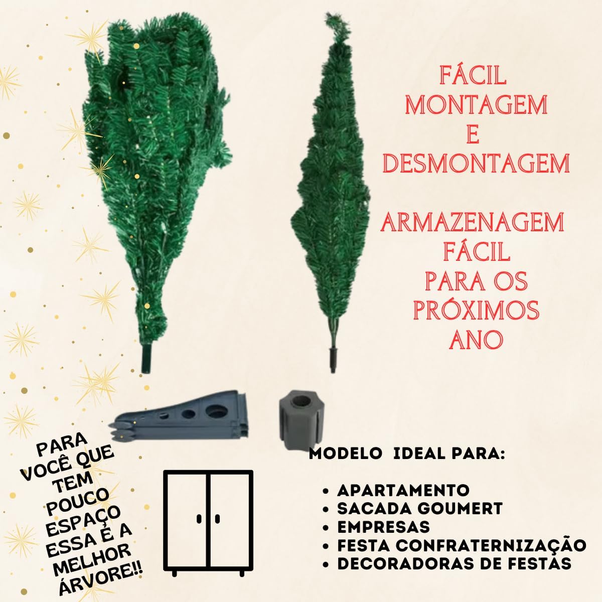 Árvore de Natal Completa, 90cm, Verde, 43 Enfeites Decorativos, Bolas Douradas e Vermelhas, Sinos, Papai Noel, Estrela