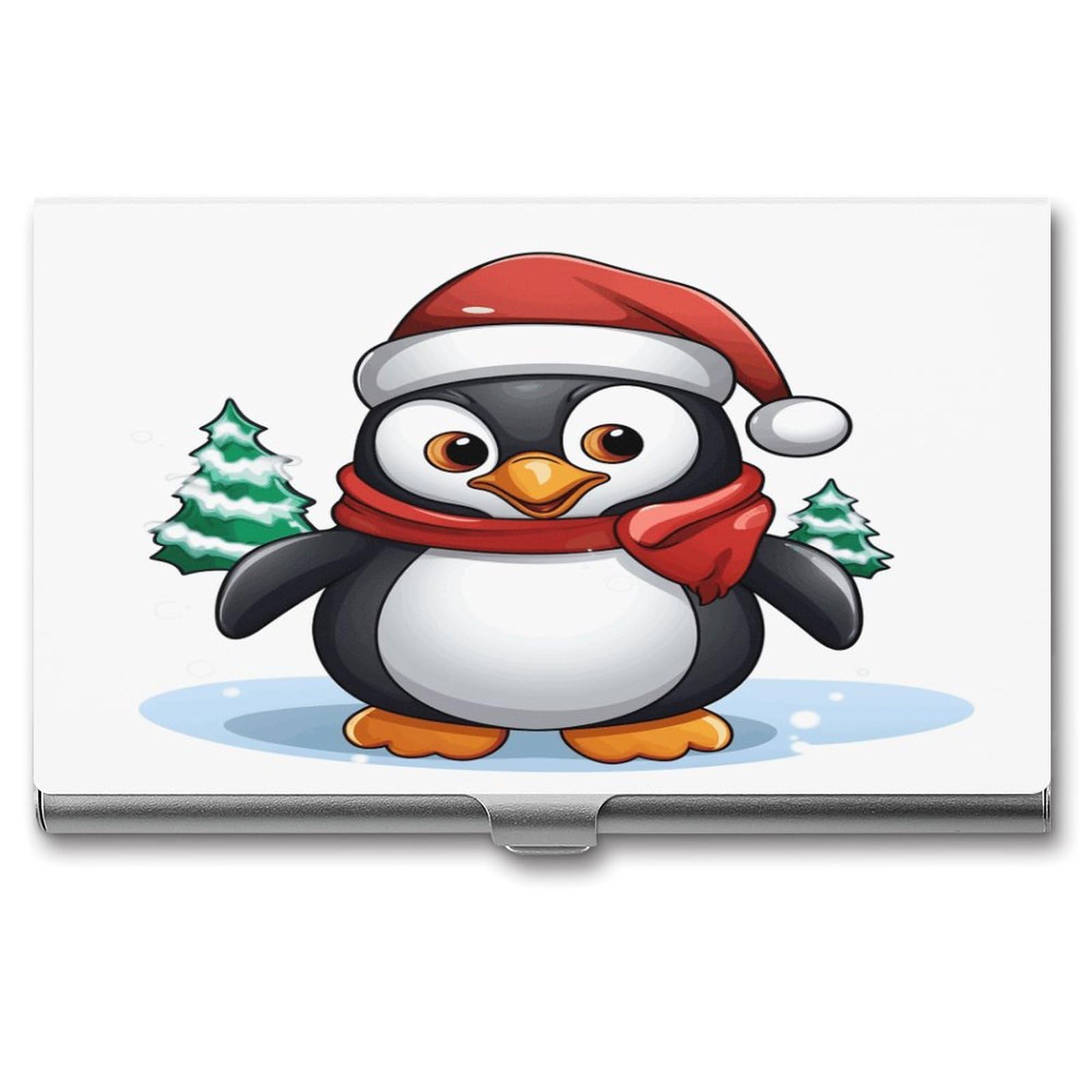 JTREHY Christmas Penguin Business Card Holder Slim Purse Name Card Holder Portable Metal Business Card Case Wallet Large Capacity Lightweight Business Card Case for Men Women