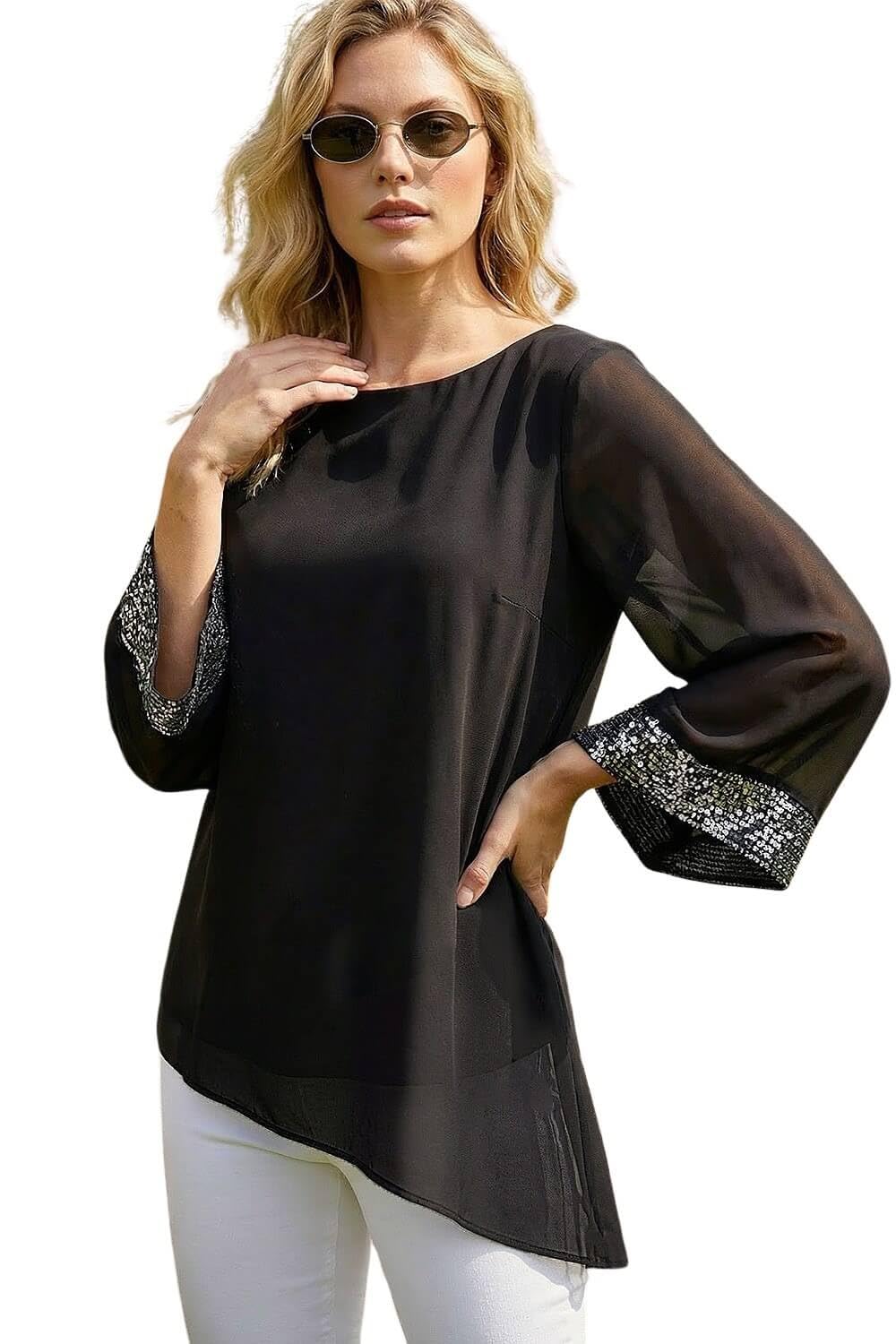 Roman Women's Asymmetric Sequin Cuff Top in Black | Size: 12