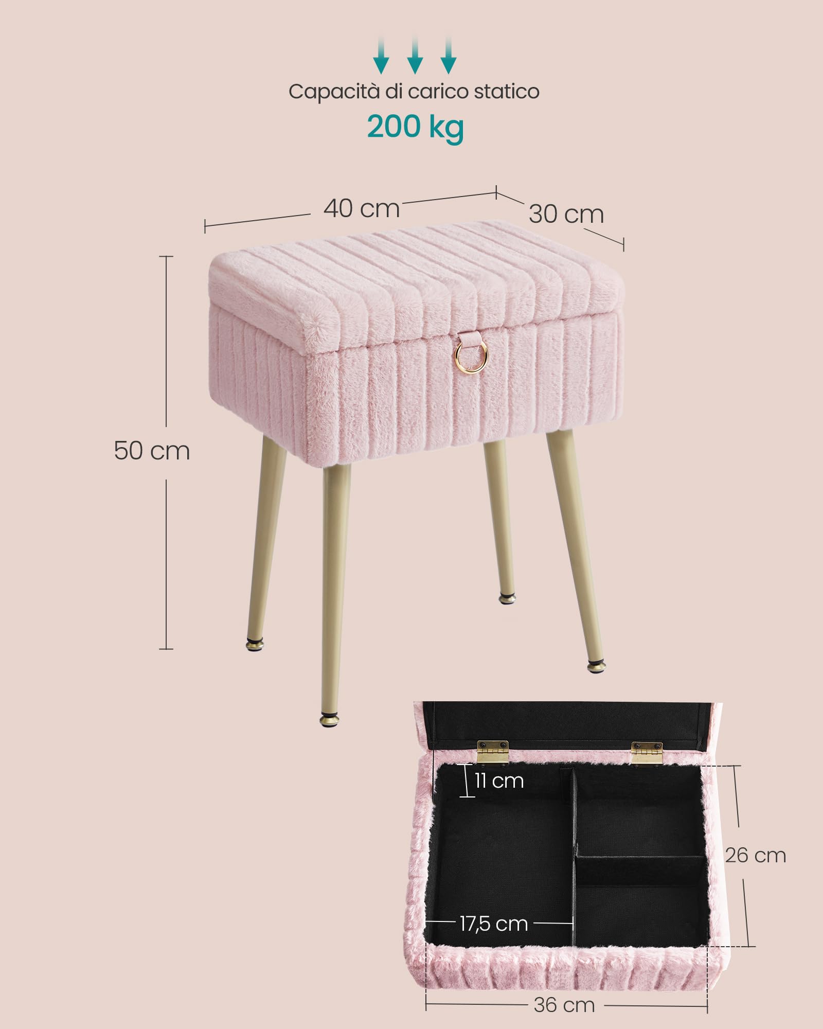 SONGMICS Sgabello da Trucco, Pouf Contenitore, Poggiapiedi, Gambe in Metallo, Imbottito, Piedini Regolabili, Soggiorno Camera da letto Cabina Armadio, Rosa Pastello LOM505SZ02