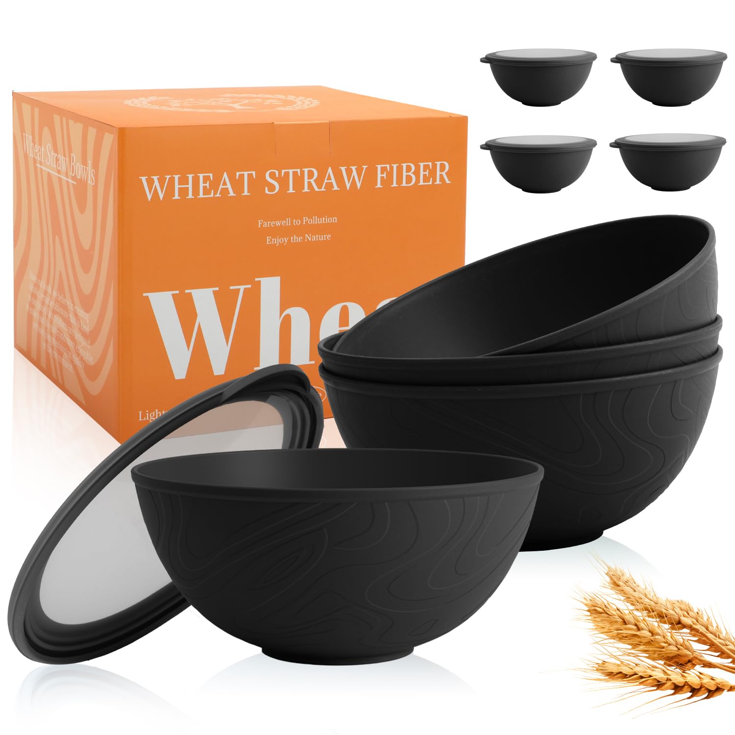 40 OZ Unbreakable Cereal Bowls with Lids, Wheat Straw Bowls Set of 4 with Unique Pattern, Reusable Plastic Bowl for Cereal, Soup, Salad and Ramen, Indoor &amp; Outdoor Essentials, Black