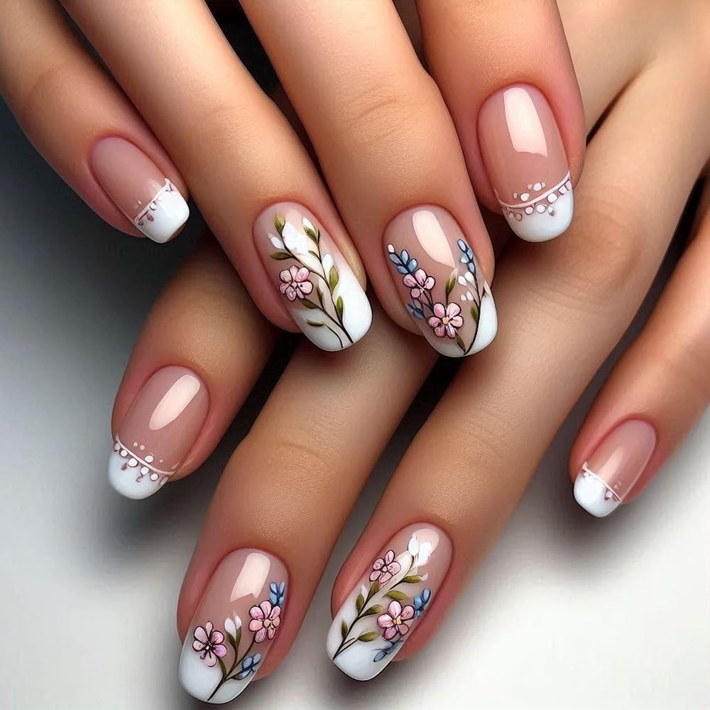 Round Short Press on Nails White French Tip Fake Nails with Natural Flower Designs Spring False Nails Reusable Glue on Nail Floral Stick on Nail Short Square Acrylic Kit for Women Girls 24PCS
