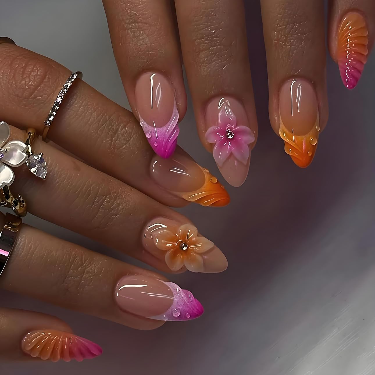 LPOODDNU Colorful French Tip Press on Nails - Medium Almond Fake Nails with 3D Flower Ocean Designs, Glossy Finished Reusable False Nails with Adhesive Glue Tabs - 24Pcs Nail Kit for Women Manicure