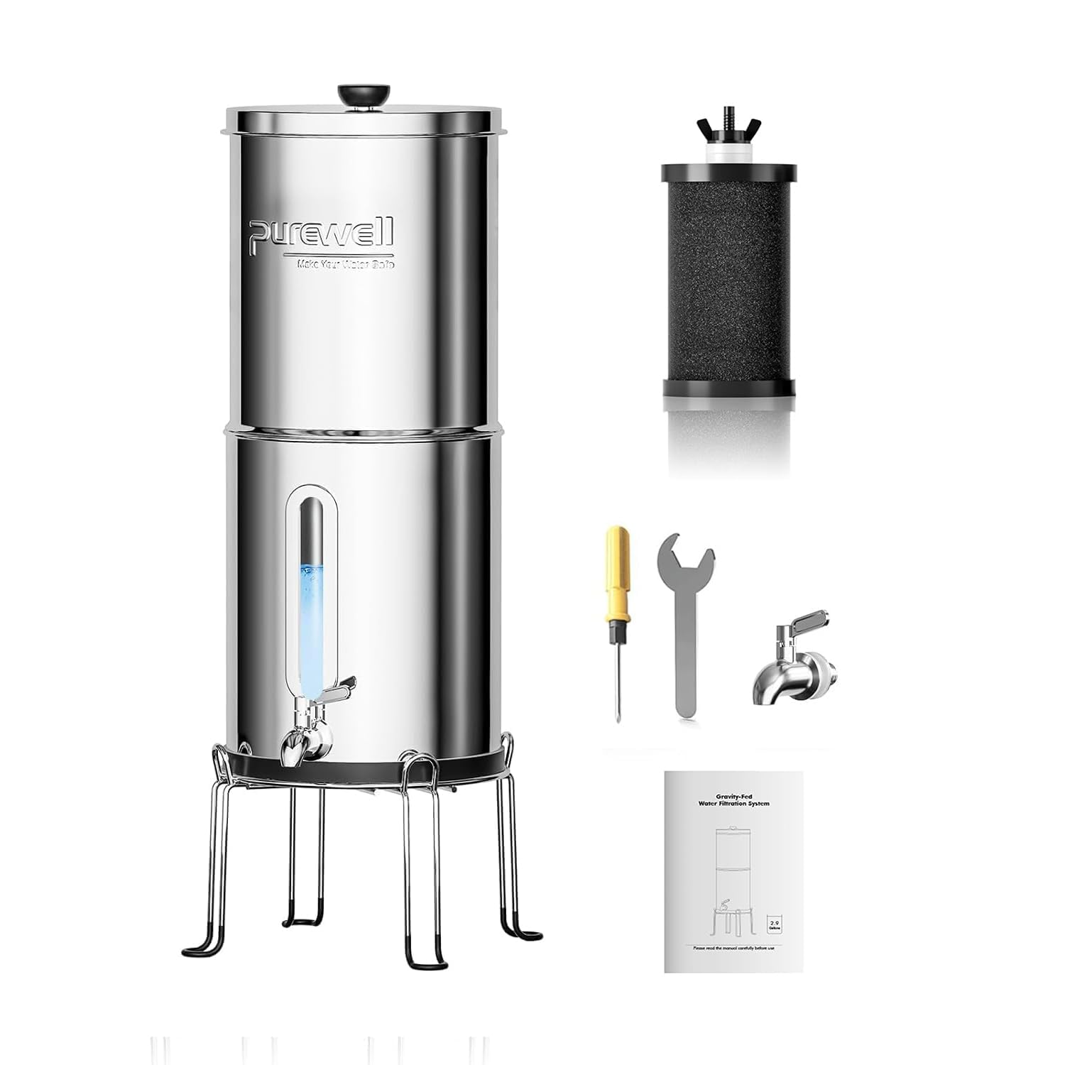 Gravity Water Filter System – 3,8L Stainless Steel Portable Ultrafiltration (0,01μm) for Survival, Camping & Home – 4-Stage Countertop Purifier, Removes 99% Chlorine, RV & Emergency Use