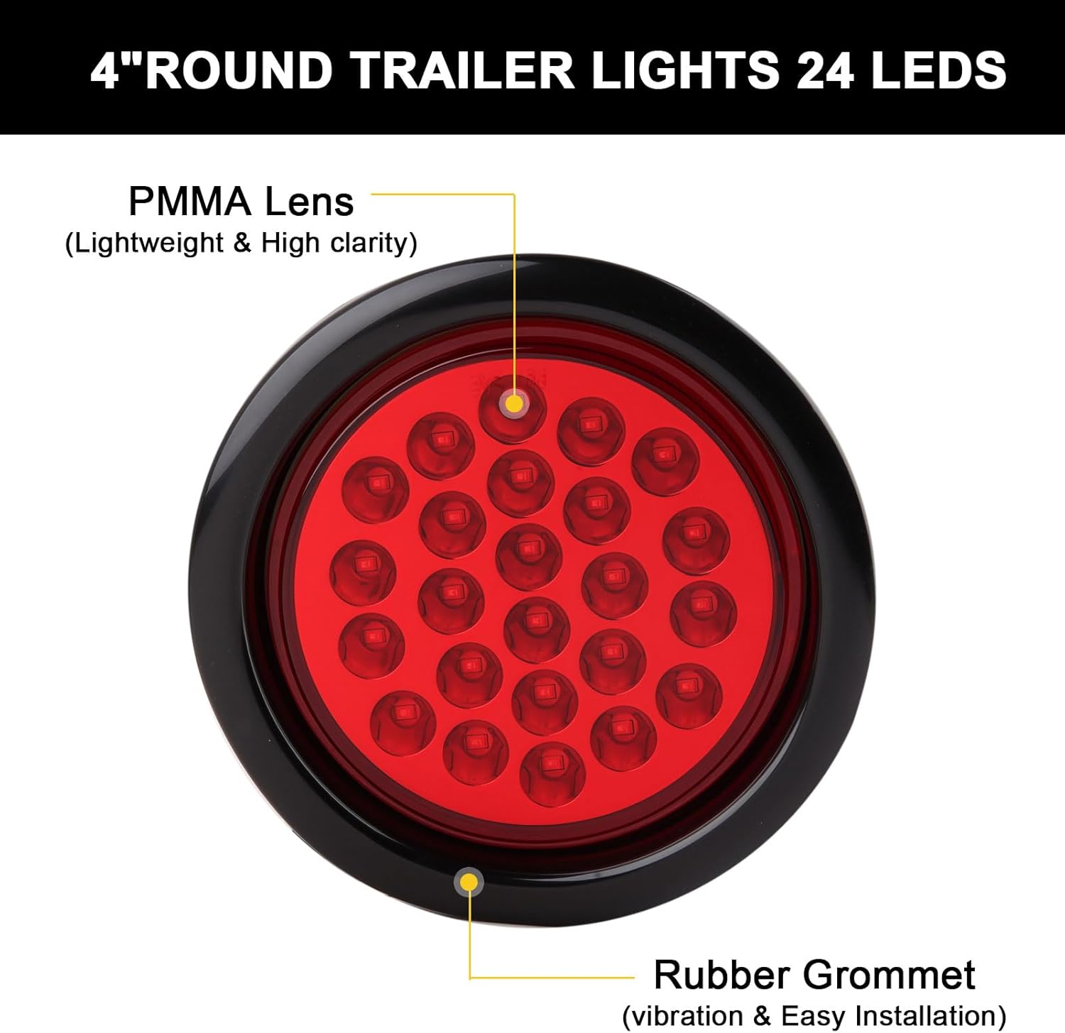 4" Inch Round LED Trailer Tail Lights Red 24 LED, 12Pcs 4" Inch Round Led Stop Turn Tail Lights Brake Trailer Lights for RV Trucks, Rubber Grommets and 3-Prong Wire Pigtails Included