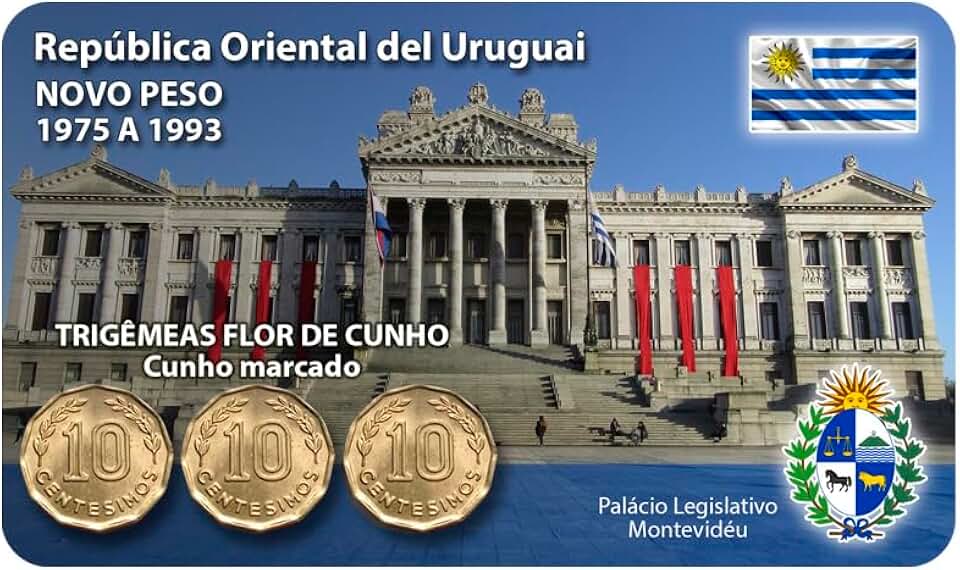 Display Expositor Acrílico com 3 Moedas Colecionáveis Trigêmeas 10 Cêntimos Uruguai
