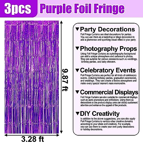 Image of 3 Pack Purple Foil Fringe Curtain Backdrop, 3.28Ft x 9.8Ft Metallic Tinsel Foil Fringe Streamer Curtains for Photo Booth, Christmas Day, Thanksgiving, Wedding, New Year Party Decorations