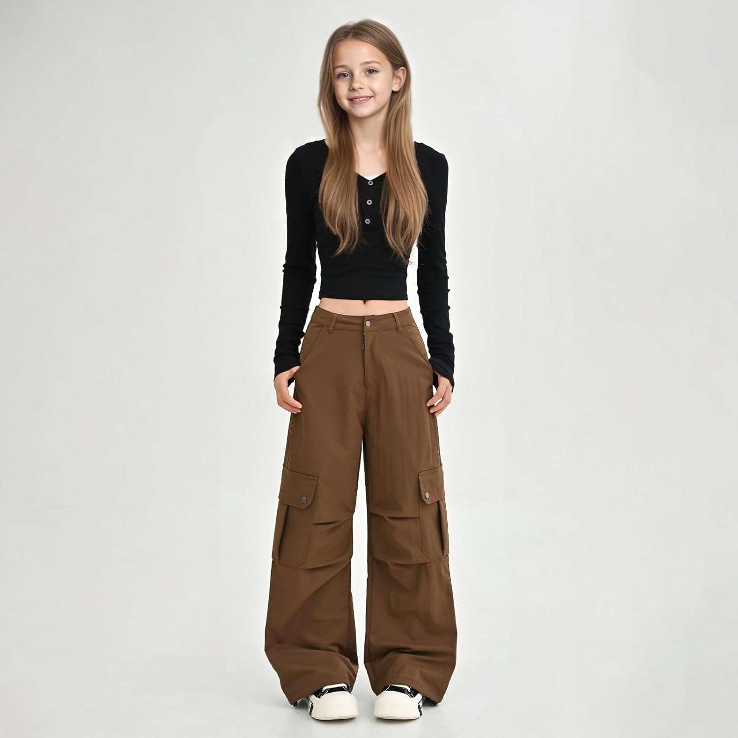 Parachute Pants for Girls Elastic Waist Wide Leg Cargo Pants with Pockets Drawstring Tapered Jogger Trousers - Image 8