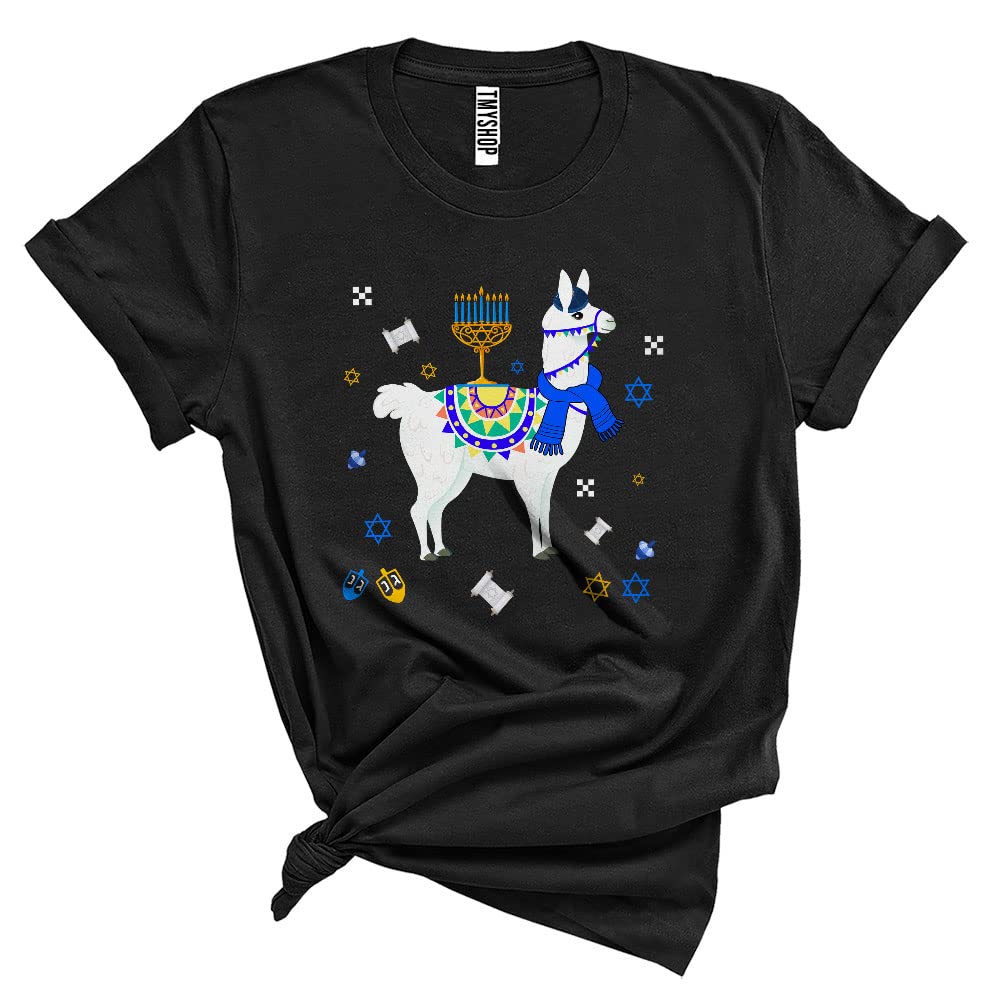 Cute Llama with Jewish Menorah Funny Cool Chanukah Hanukkah Menorah Jewish Llama Lover Unisex T-Shirt Black