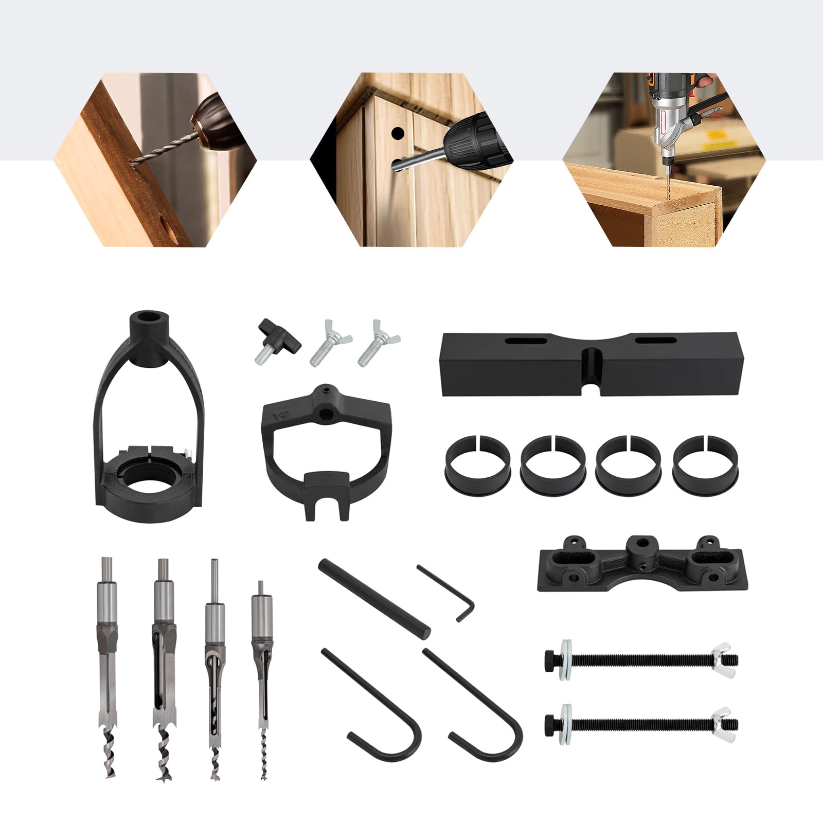 Accesorio de perforación para taladro de mesa, accesorio de taladro con 4 brocas y posicionamiento de broca de mesa, broca de cincel, agujeros cuadrados