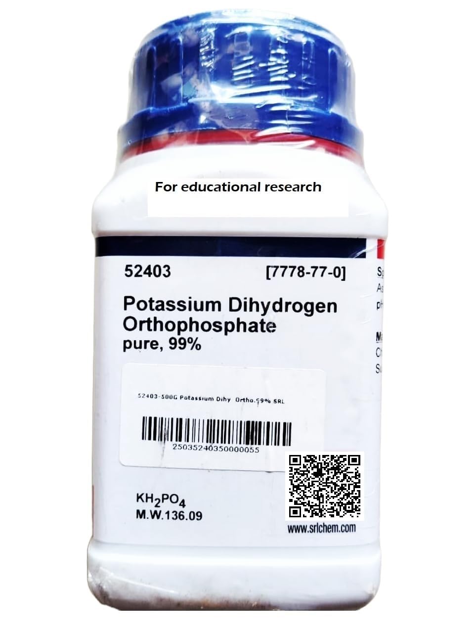 SRL Potassium Dihydrogen Orthophosphate pure, 99% 500GM (Potassium Phosphate, monobasic) CAS 7778-77-0, Molecular Formula : KH2PO4