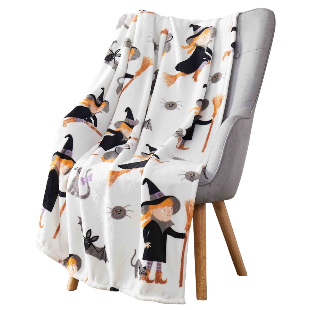 Halloween Blanket: Cute Witch with Loyal Cat Surrounded by Spiders and Bats Print on Soft Velvet Fleece Throw Blanket — image 1