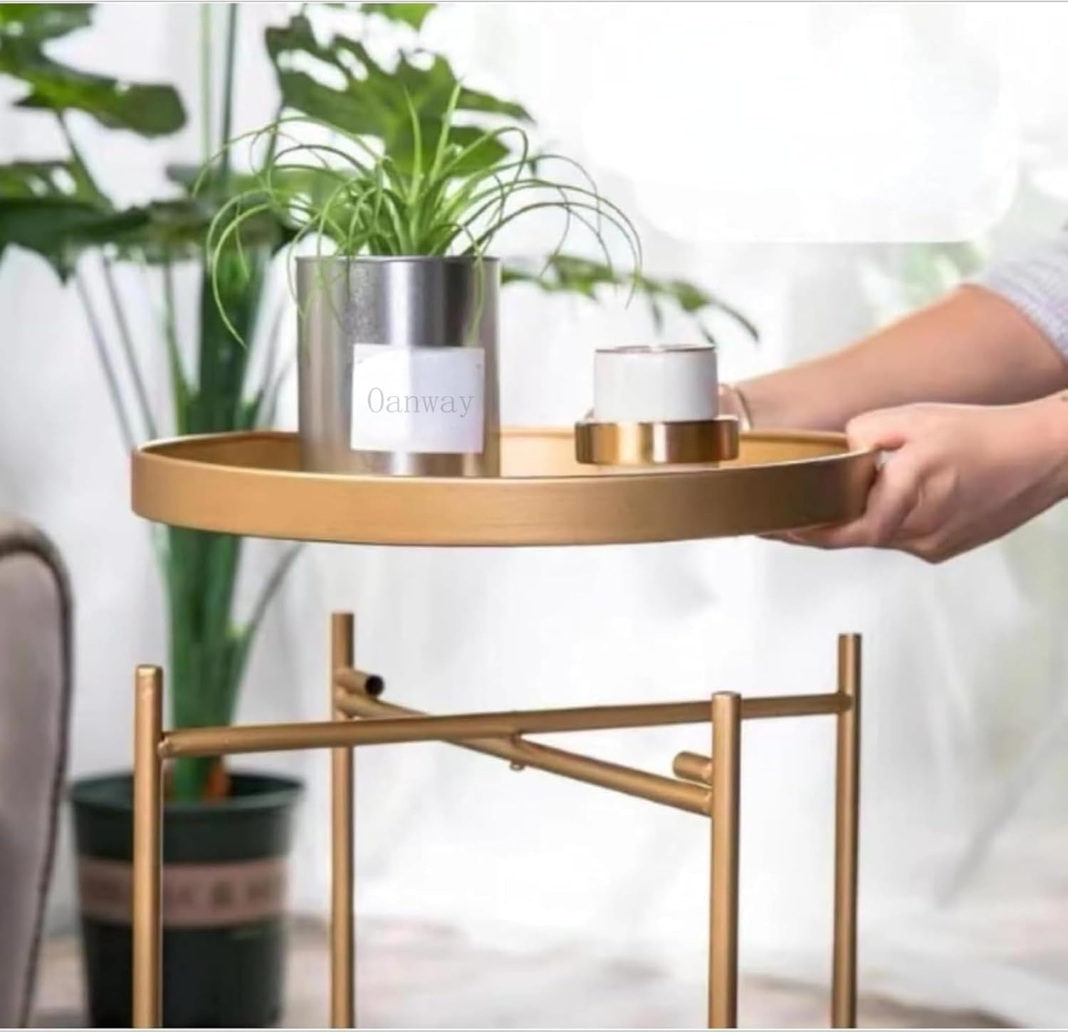 Oanway シンプルコーヒーテーブル 丸型折りたたみ式サイドテーブル 取り外し可能トレイ付き 北欧スタイル リビング 廊下 寝室