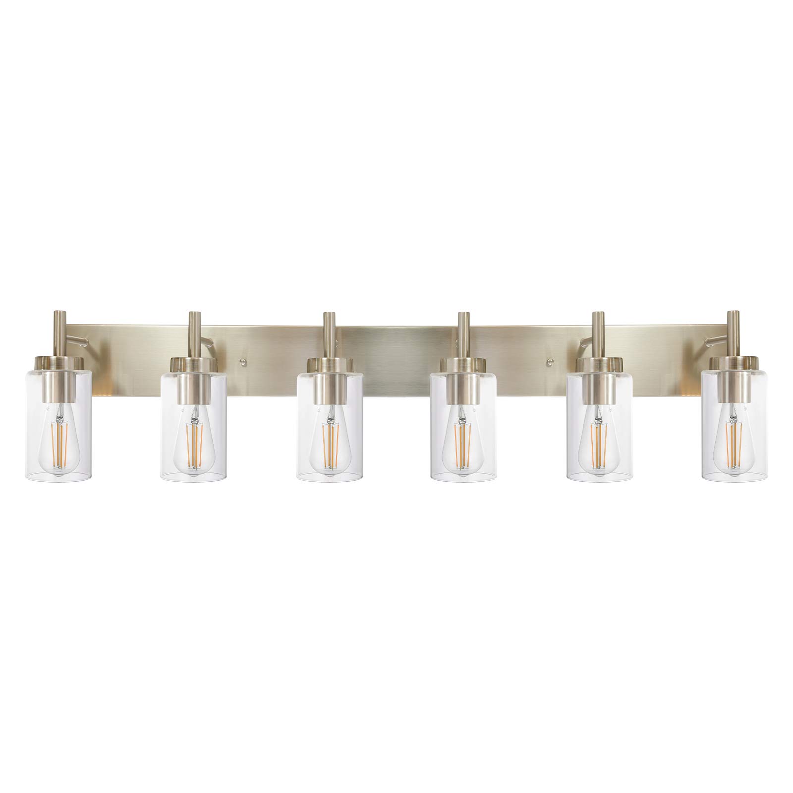 VINLUZ Bathroom Vanity Light Fixture Brushed Nickel with Clear Glass 6-Light Modern Wall Lighting Industrial Indoor Sconces Wall Mounted Lamp for Bedroom Kitchen (Patent No.: US D958,438 S)