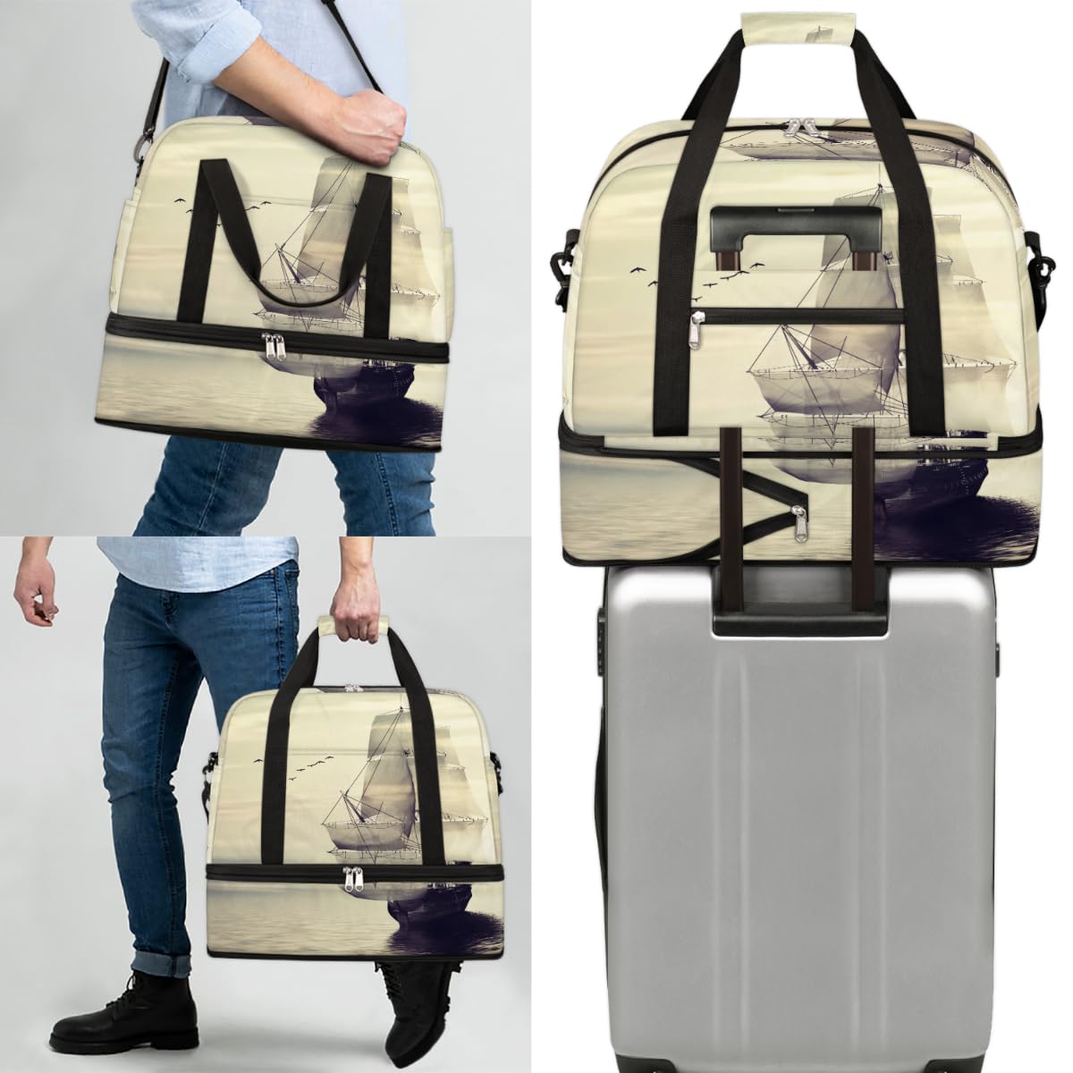 Ocean Sailboat - Bolsa de viaje plegable de 47 L, bolsa de fin de semana con funda de carrito para hombro, bolsa de hombro separada para deportes, gimnasio, viajes, multicolor, 47L, Bolsa de viaje