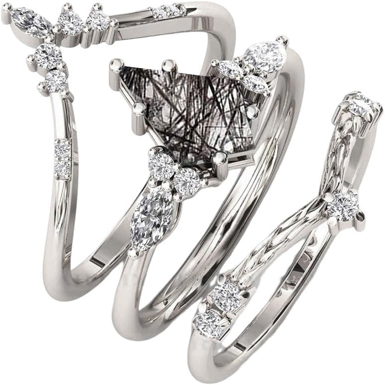 Natural Kite cut Black Rutilated Quartz Engagement Ring Set 925 Sterling Silver Rings for Her with Free Engraving Jewelry Gift for Women Black Rutilated Quartz Vintage Ring Set Size 4-15 -11