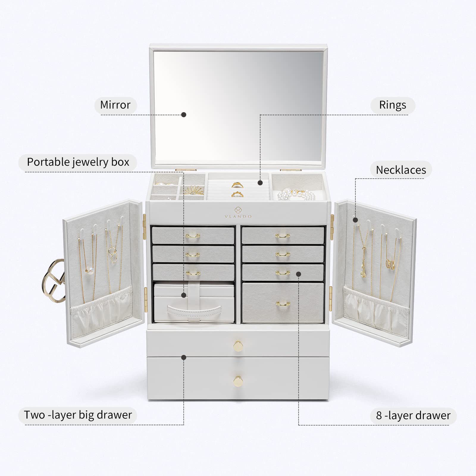 Portagioie Vlando XXL Con Specchio - 6 Livelli, Cassetti, Per Orecchini, Collane, Orologi, Design Francese - Foto 6