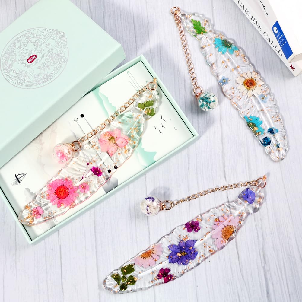 Marcapáginas de Flores Secas de Resina con Caja de Regalo - Accesorio de Lectura Original para Estudiantes y Mujeres (Rosa)