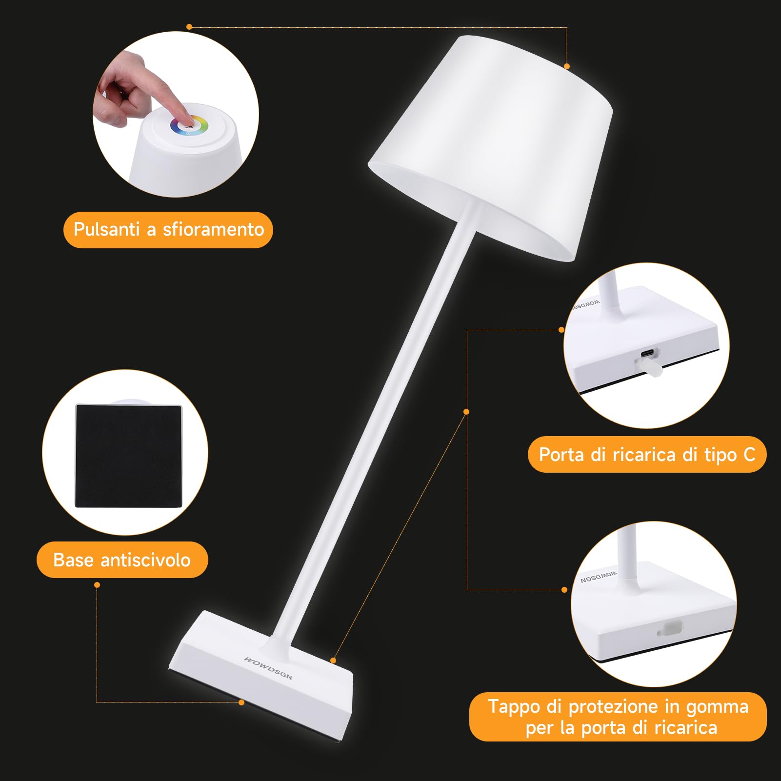 WOWDSGN Lampada da Tavolo Senza Fili Ricaricabile - Lampada da Scrivania a LED Dimmerabile All'infinito con Interruttore Tattile - IP44 - a Batteria 4000mAh - 3000K /4000K /5000K + RGB (2PZ)
